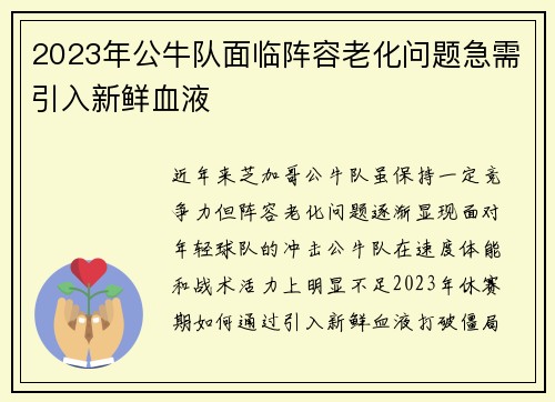 2023年公牛队面临阵容老化问题急需引入新鲜血液